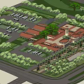 Aerial View of Building Complex With Red Roofs Plaza Trees and Parking Lot