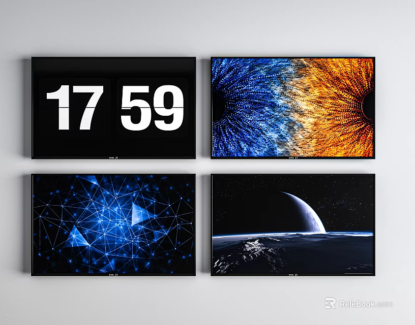Four Modern TVs Showing Time Abstract Patterns Geometric Shapes And Space Scenery 3d model