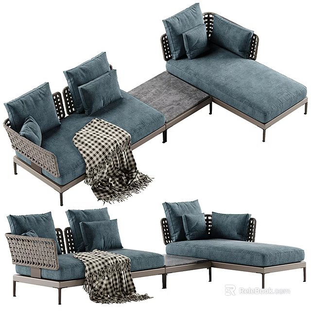 Modern Teal Sectional Sofa With Multiple Cushions Knitted Blanket And Metal Frame For Comfortable Seating 3d model 