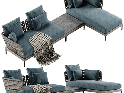 Modern Teal Sectional Sofa With Multiple Cushions Knitted Blanket And Metal Frame For Comfortable Seating 3d model
