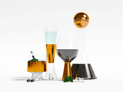 Elegant Wine Bottles And Glasses With Golden Accents Transparent Design And Olive Garnish 3d model