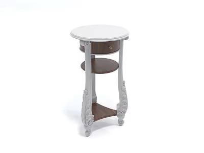 Round White Top Coffee Table With Wooden Frame Carved Legs Lower Shelf And Drawer 3d model