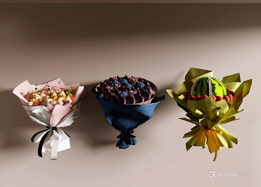 Colorful Fruit Bouquets With Fresh Assorted Fruits and Three Different Wrapping Styles 3d model 