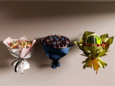 Colorful Fruit Bouquets With Fresh Assorted Fruits and Three Different Wrapping Styles 3d model