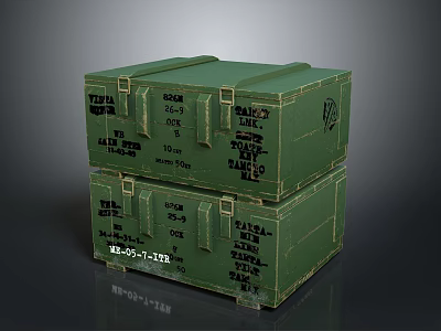 Two Stacked Green Wooden Crates with Black Text and Markings 3d model