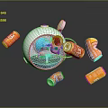 Cartoon Scene With Playful Robot In Purple White Device And Floating Orange Drink Cans