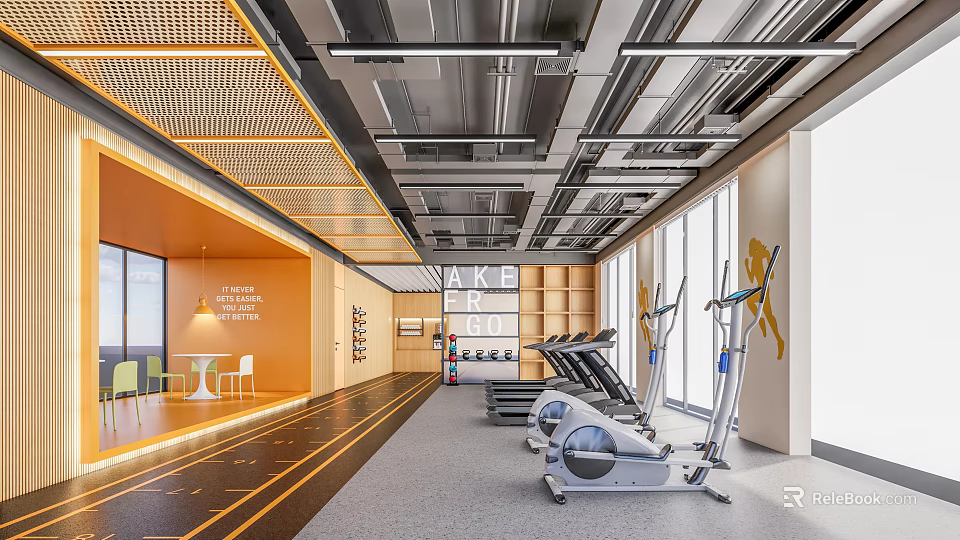 Spacious Fitness Gym Interior Featuring Treadmills Orange Walls Large Windows And Motivational Signage 3d model 