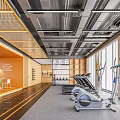 Spacious Fitness Gym Interior Featuring Treadmills Orange Walls Large Windows And Motivational Signage