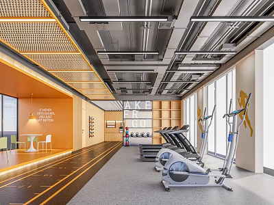 Spacious Fitness Gym Interior Featuring Treadmills Orange Walls Large Windows And Motivational Signage 3d model