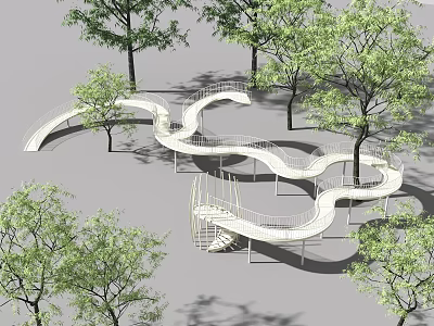 Winding Modern White Bridge Structure Surrounded By Trees In Landscape Design 3d model