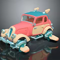 Cartoon Style Pink And Beige Car With Blue Accents Horns On Roof And Unique Wheels