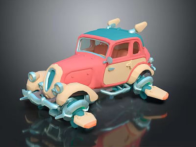 Cartoon Style Pink And Beige Car With Blue Accents Horns On Roof And Unique Wheels 3d model