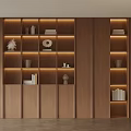 Modern Wooden Bookshelf With Layered Design Built in Lighting and Decorative Items