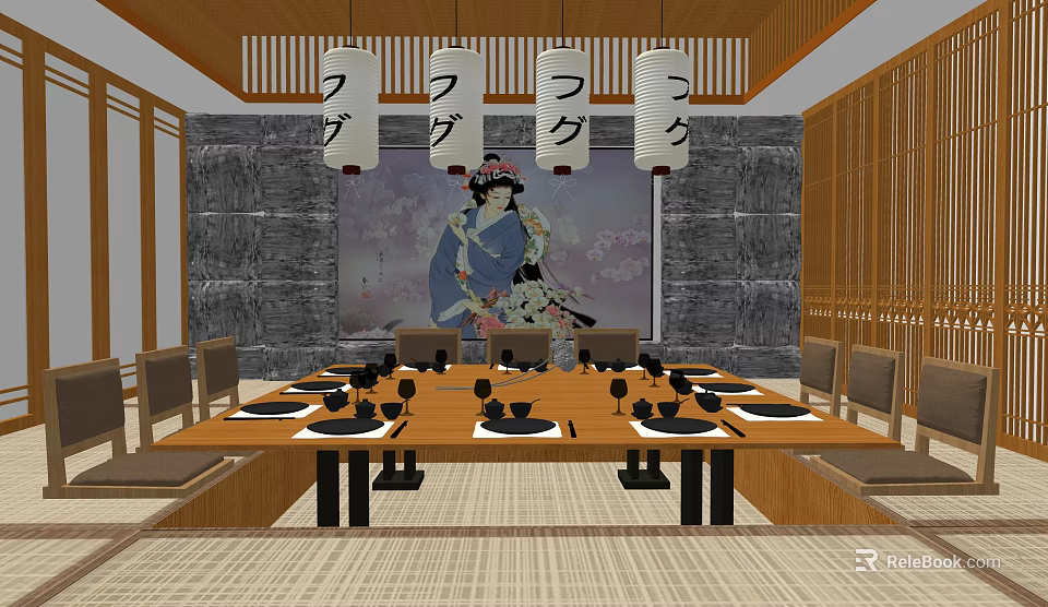 Japanese Style Private Dining Room With Long Wooden Table Hanging Lanterns And Wall Painting 3d model 