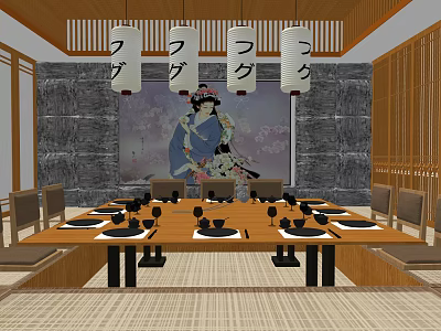Japanese Style Private Dining Room With Long Wooden Table Hanging Lanterns And Wall Painting 3d model