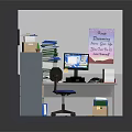 Cluttered Office Desk Workspace With Stacks Of Papers Computer Monitor Filing Cabinet And Wall Clock