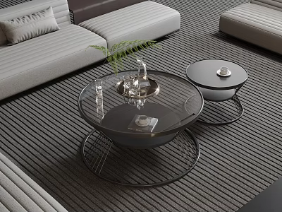 Two Modern Round Coffee Tables With Glass Tops And Metal Frames In Living Room 3d model