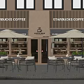 Starbucks Coffee Shop Outdoor Seating With Outdoor Tables And Chairs Umbrellas And Green Plants