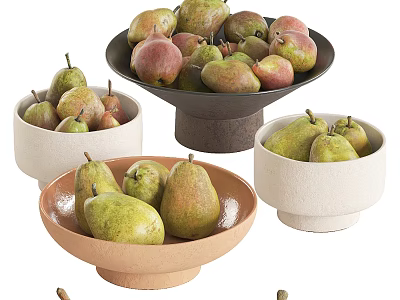 Fresh Green and Red Pears in Various Colored Ceramic Bowls for Home Kitchen 3d model
