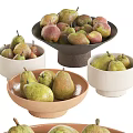 Fresh Green and Red Pears in Various Colored Ceramic Bowls for Home Kitchen