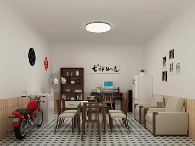 Home Living Space Featuring Chinese Calligraphy Red Motorcycle Dining Table Sofa And Patterned Tile Floor 3d model