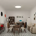 Home Living Space Featuring Chinese Calligraphy Red Motorcycle Dining Table Sofa And Patterned Tile Floor