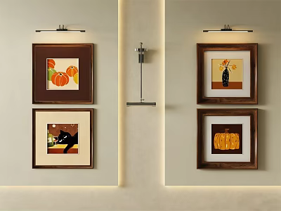 Framed Artworks Wall Decor With Four Paintings Pumpkins Vase Brown Frames And Wall Lamps 3d model