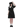 A Woman In Black Polka Dot Dress Black Hat White Socks And Black Shoes