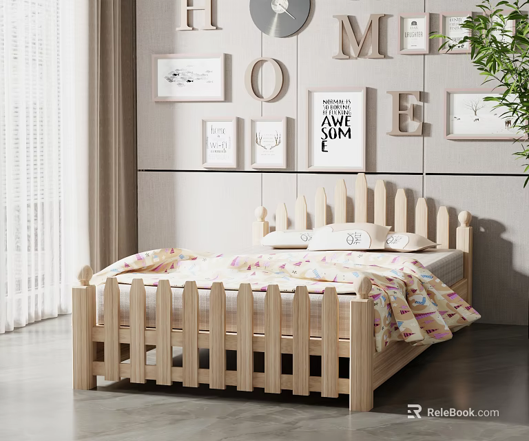 Wooden Kids Bed with Slatted Guardrail Colorful Bedding and Decorative Wall Art 3d model 