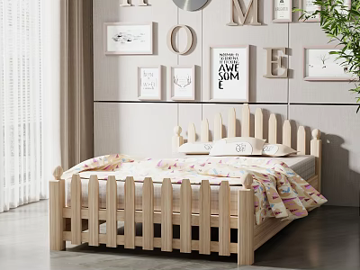 Wooden Kids Bed with Slatted Guardrail Colorful Bedding and Decorative Wall Art 3d model