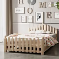 Wooden Kids Bed with Slatted Guardrail Colorful Bedding and Decorative Wall Art