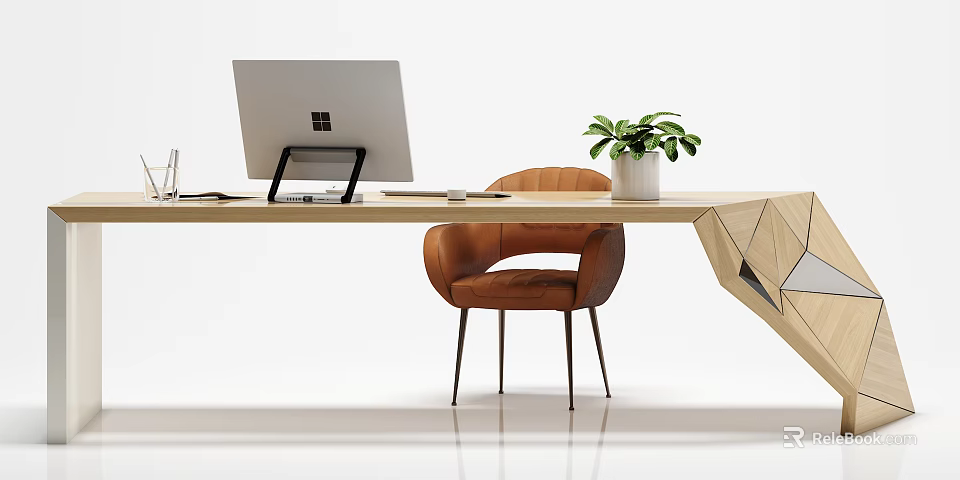 Modern Wooden Office Desk With Computer Monitor Keyboard Mouse Potted Plant And Brown Chair 3d model 
