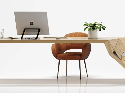 Modern Wooden Office Desk With Computer Monitor Keyboard Mouse Potted Plant And Brown Chair 3d model