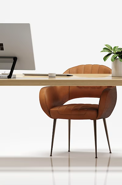 Modern Wooden Office Desk With Computer Monitor Keyboard Mouse Potted Plant And Brown Chair 3d model