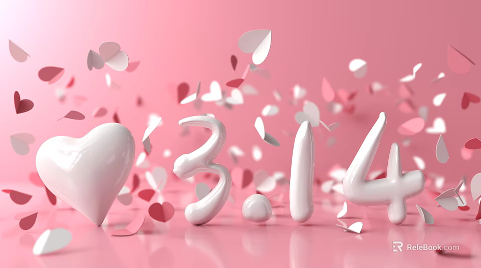 Landscape Sculpture With White Heart Numbers 314 And Falling Red White Petals On Pink Background 3d model 