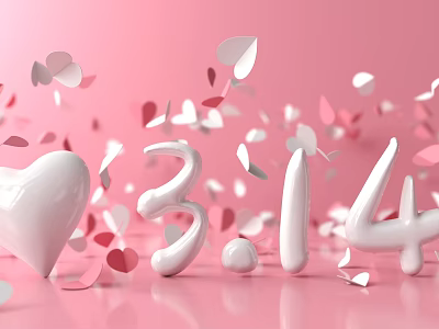Landscape Sculpture With White Heart Numbers 314 And Falling Red White Petals On Pink Background 3d model