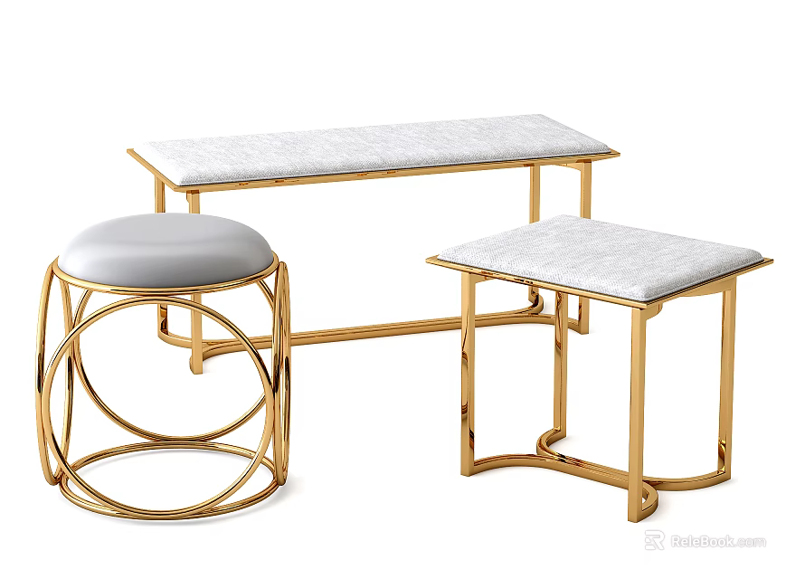 Set of Stylish Stools with Golden Metal Frames Light Gray Padded Seats Circular Rectangular Design 3d model 