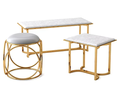 Set of Stylish Stools with Golden Metal Frames Light Gray Padded Seats Circular Rectangular Design 3d model