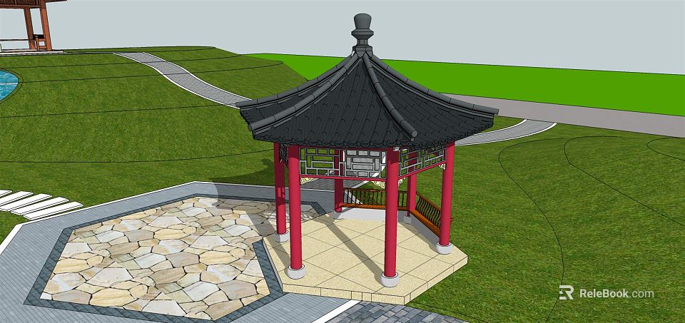 Chinese Traditional Pavilion With Black Sloped Roof Red Pillars And Green Lawn Stone Path 3d model 