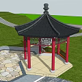 Chinese Traditional Pavilion With Black Sloped Roof Red Pillars And Green Lawn Stone Path