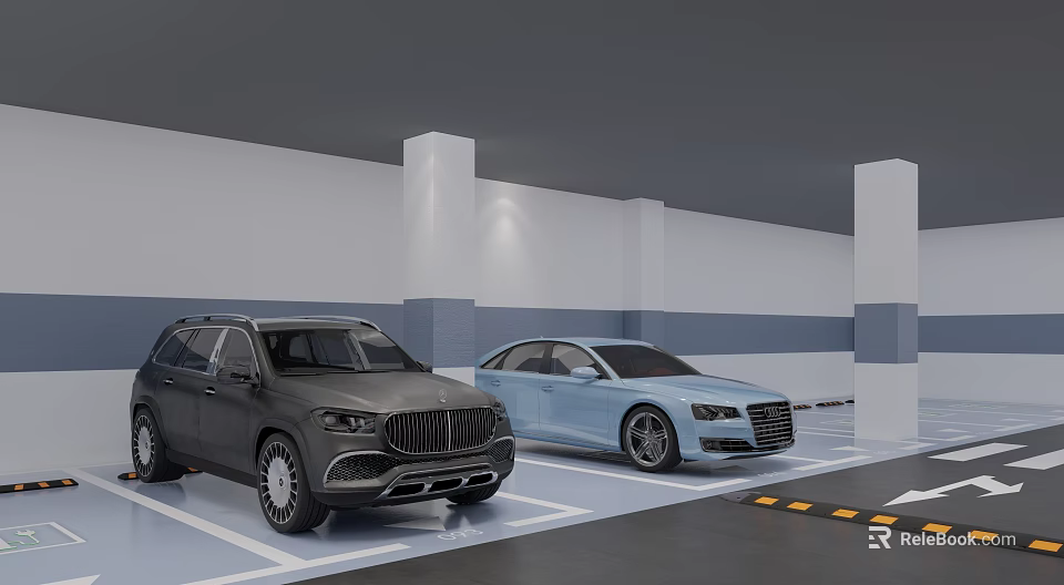 Dark SUV and Light Blue Sedan Parked in Modern Indoor Parking Garage 3d model 