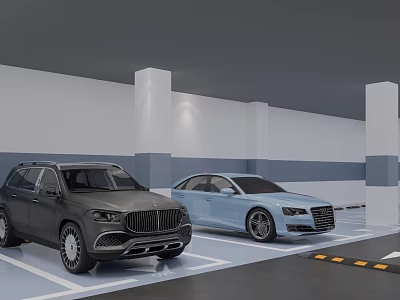 Dark SUV and Light Blue Sedan Parked in Modern Indoor Parking Garage 3d model
