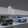 Dark SUV and Light Blue Sedan Parked in Modern Indoor Parking Garage