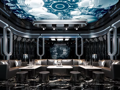 Futuristic KTV Private Room Interior With Sofas Tables And Starlit Ceiling 3d model