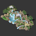 Garden Feature With Waterfall Rocks Flowering Trees And Lush Green Plants