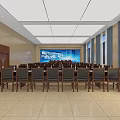 Bright Modern Conference Room Interior With Large Screen Tables Chairs Windows And Curtains