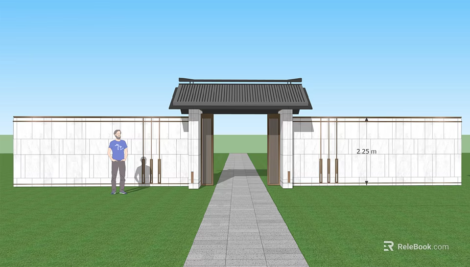Residential Landscape with Chinese-style Gate Traditional Roof White Walls Stone Path and Green Lawn 3d model 