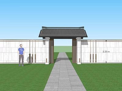 Residential Landscape with Chinese-style Gate Traditional Roof White Walls Stone Path and Green Lawn 3d model