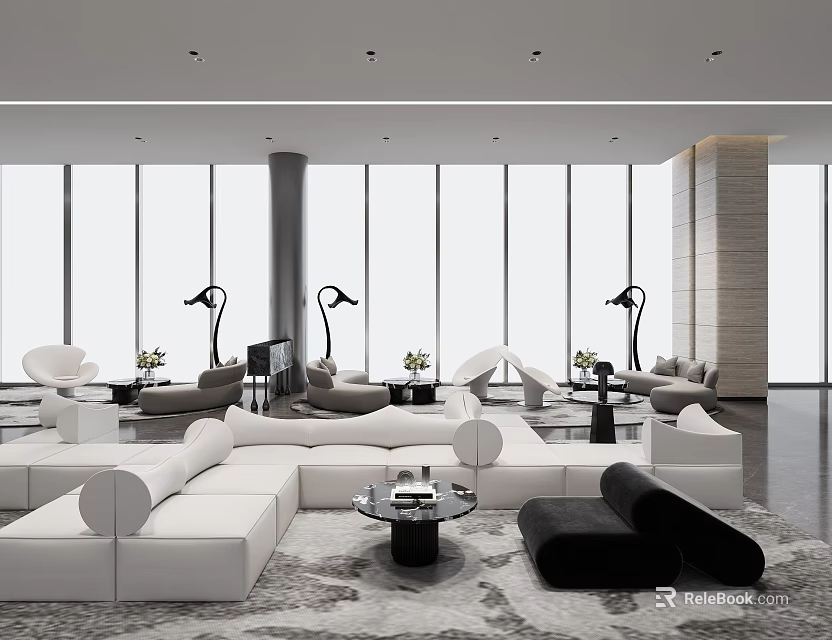 Modern Lounge Area Interior With White Sofas Coffee Tables And Floor To Ceiling Windows 3d model