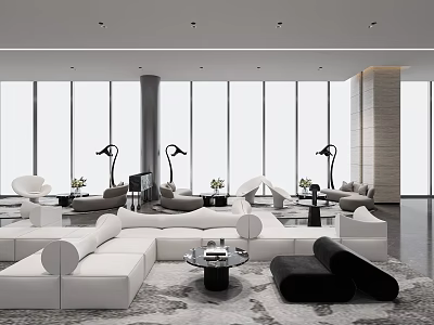 Modern Lounge Area Interior With White Sofas Coffee Tables And Floor To Ceiling Windows 3d model